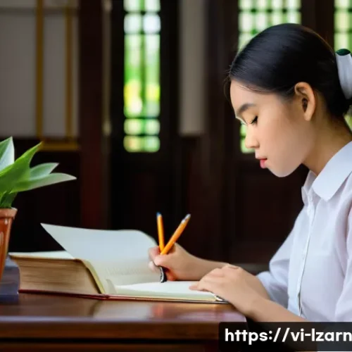 학습 루틴에서의 자가 피드백 시스템 구축하기 - A young Vietnamese female student, approximately 16 years old, is diligently sitting at a polished w...