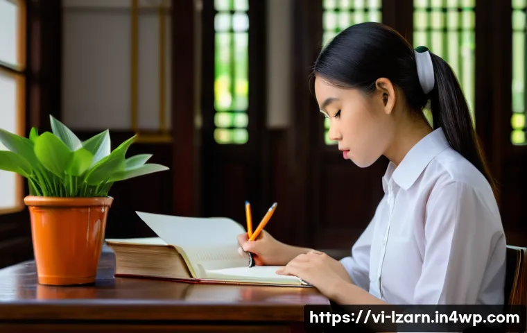 학습 루틴에서의 자가 피드백 시스템 구축하기 - A young Vietnamese female student, approximately 16 years old, is diligently sitting at a polished w...
