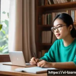 학습 루틴의 성공적인 예시 분석하기 - A cozy, well-lit study corner in a Vietnamese home featuring a young Vietnamese student wearing casu...