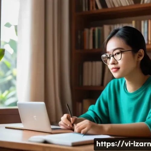 학습 루틴의 성공적인 예시 분석하기 - A cozy, well-lit study corner in a Vietnamese home featuring a young Vietnamese student wearing casu...