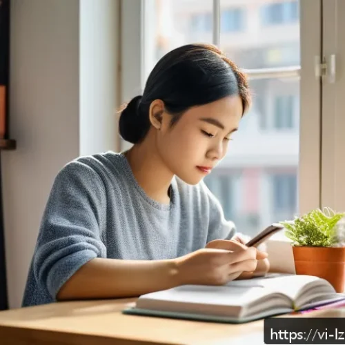 Home 32 학습 루틴에서의 목표 수정 방법 - A focused Vietnamese young adult studying at a cozy desk by a window in the morning light, surrounde...