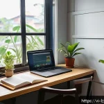 Home 19 성공적인 학습 루틴 사례 분석 - A cozy, well-organized study room with large windows allowing natural daylight to fill the space, fe...