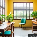 Home 18 효과적인 오프라인 학습 루틴 설정하기 - A serene and well-organized study room bathed in natural daylight streaming through large windows, f...